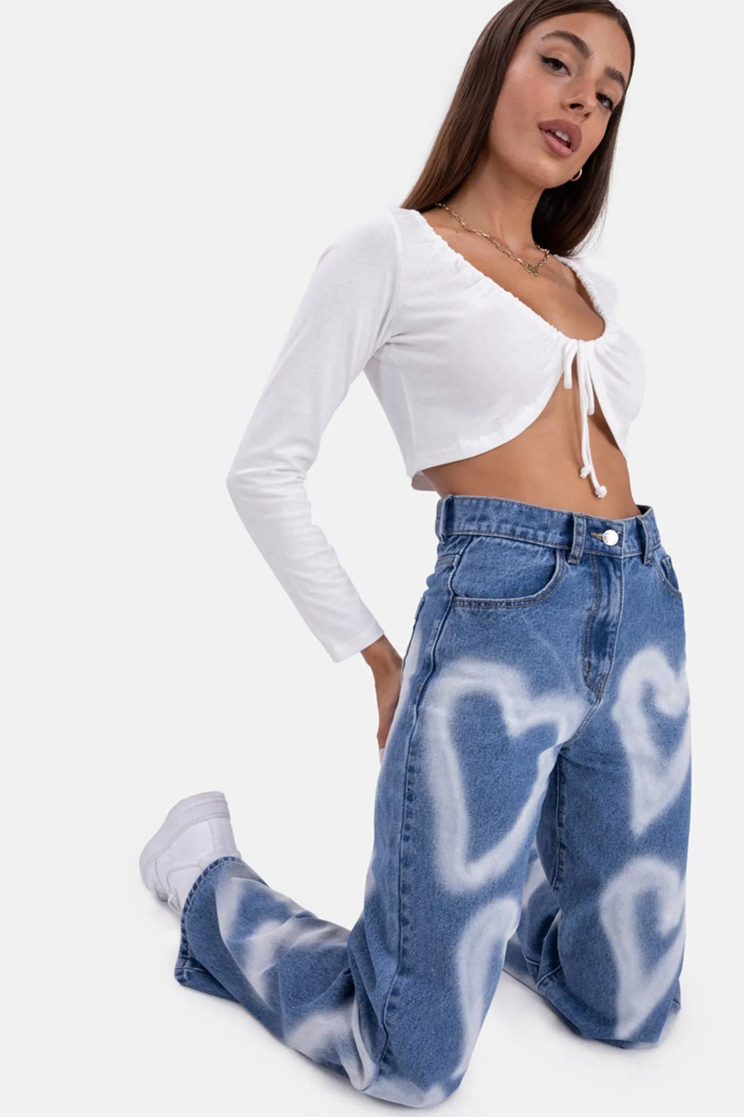 High Waisted Heart Print Blue Baggy Jean