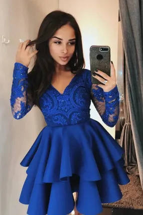 Homecoming Dresses Vintage Long Sleeve V Neck Knee Length with Lace