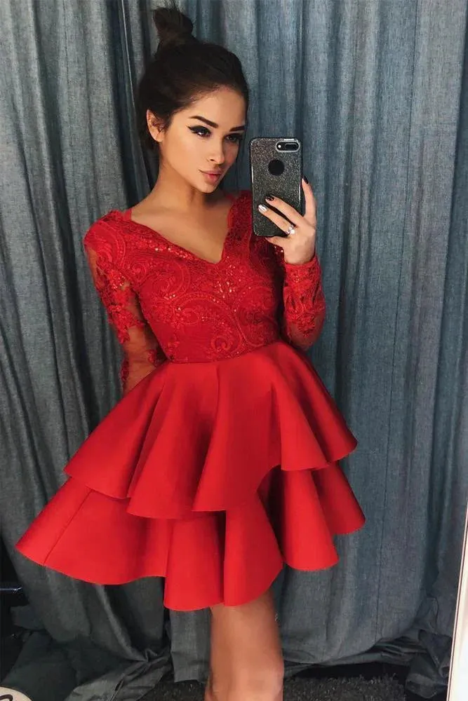 Homecoming Dresses Vintage Long Sleeve V Neck Knee Length with Lace