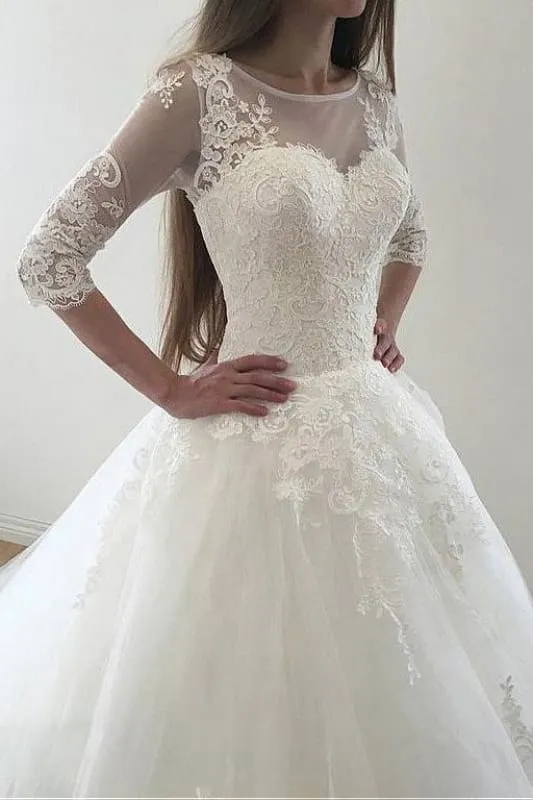 Ivory Puffy Half Sleeves Long Vintage Tulle Bateau Appliques Wedding Dress