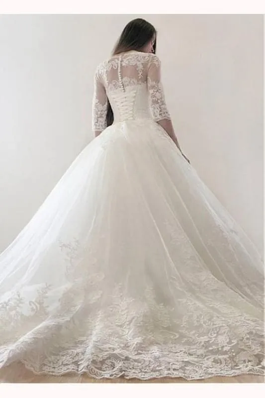Ivory Puffy Half Sleeves Long Vintage Tulle Bateau Appliques Wedding Dress