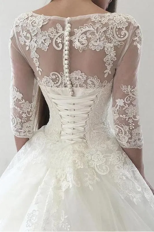 Ivory Puffy Half Sleeves Long Vintage Tulle Bateau Appliques Wedding Dress