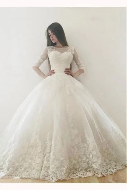Ivory Puffy Half Sleeves Long Vintage Tulle Bateau Appliques Wedding Dress