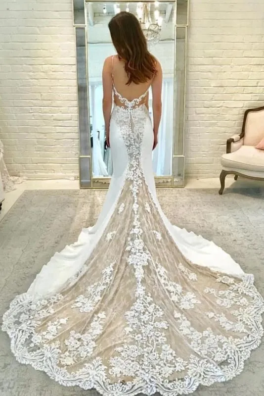 Ivory Satin Gorgeous Lace Spaghetti Strap Vintage Mermaid Wedding Dress