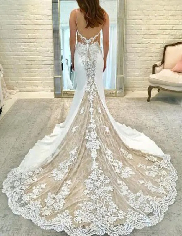 Ivory Satin Gorgeous Lace Spaghetti Strap Vintage Mermaid Wedding Dress