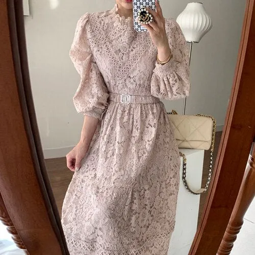 Joskaa Christmas Gift Vintage Grace Palace Style Female Robe O-neck Lace Crochet A-line Maxi Dress Women High Waist Puff Sleeve Autumn Vestido