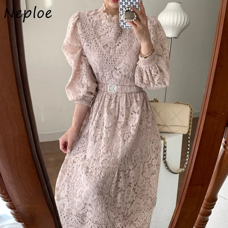 Joskaa Christmas Gift Vintage Grace Palace Style Female Robe O-neck Lace Crochet A-line Maxi Dress Women High Waist Puff Sleeve Autumn Vestido