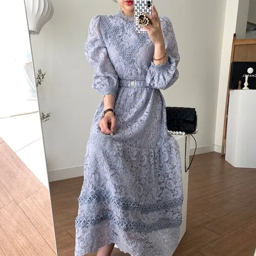 Joskaa Christmas Gift Vintage Grace Palace Style Female Robe O-neck Lace Crochet A-line Maxi Dress Women High Waist Puff Sleeve Autumn Vestido