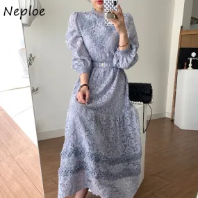 Joskaa Christmas Gift Vintage Grace Palace Style Female Robe O-neck Lace Crochet A-line Maxi Dress Women High Waist Puff Sleeve Autumn Vestido