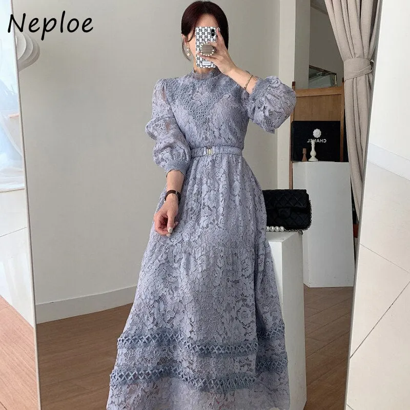 Joskaa Christmas Gift Vintage Grace Palace Style Female Robe O-neck Lace Crochet A-line Maxi Dress Women High Waist Puff Sleeve Autumn Vestido