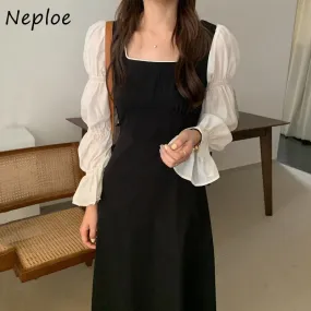 Joskaa Christmas Gift Vintage Palace Style Square Collar Ladies Vestidos 2024 New Ruffle Puff Sleeve Patchwork Dress Women Contrast Color Robe