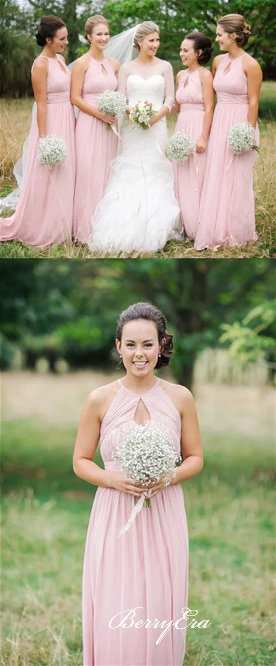Key Hole A-line Pink Chiffon Long Bridesmaid Dresses