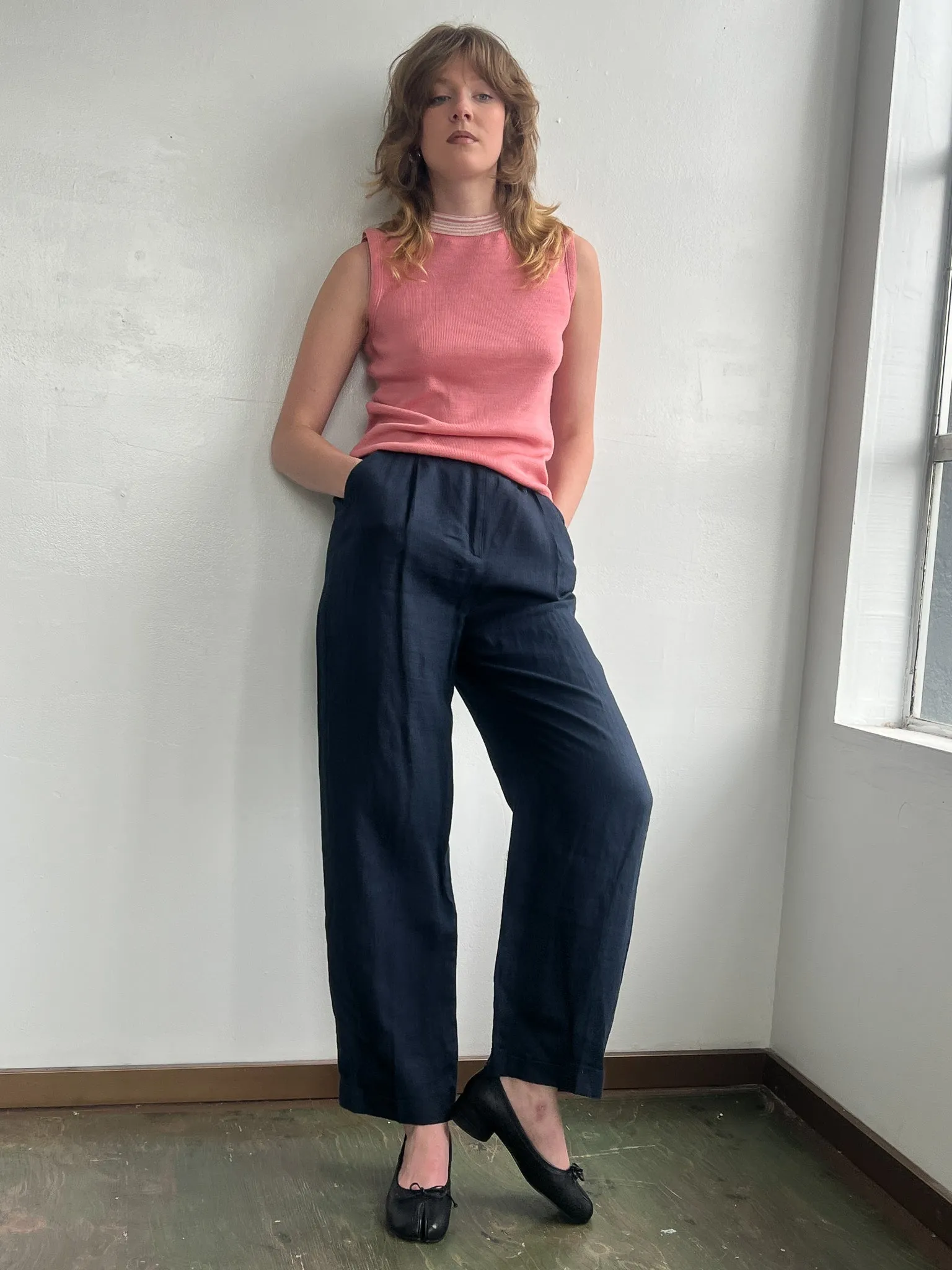 Navy Linen Pleated Pants (S/M)