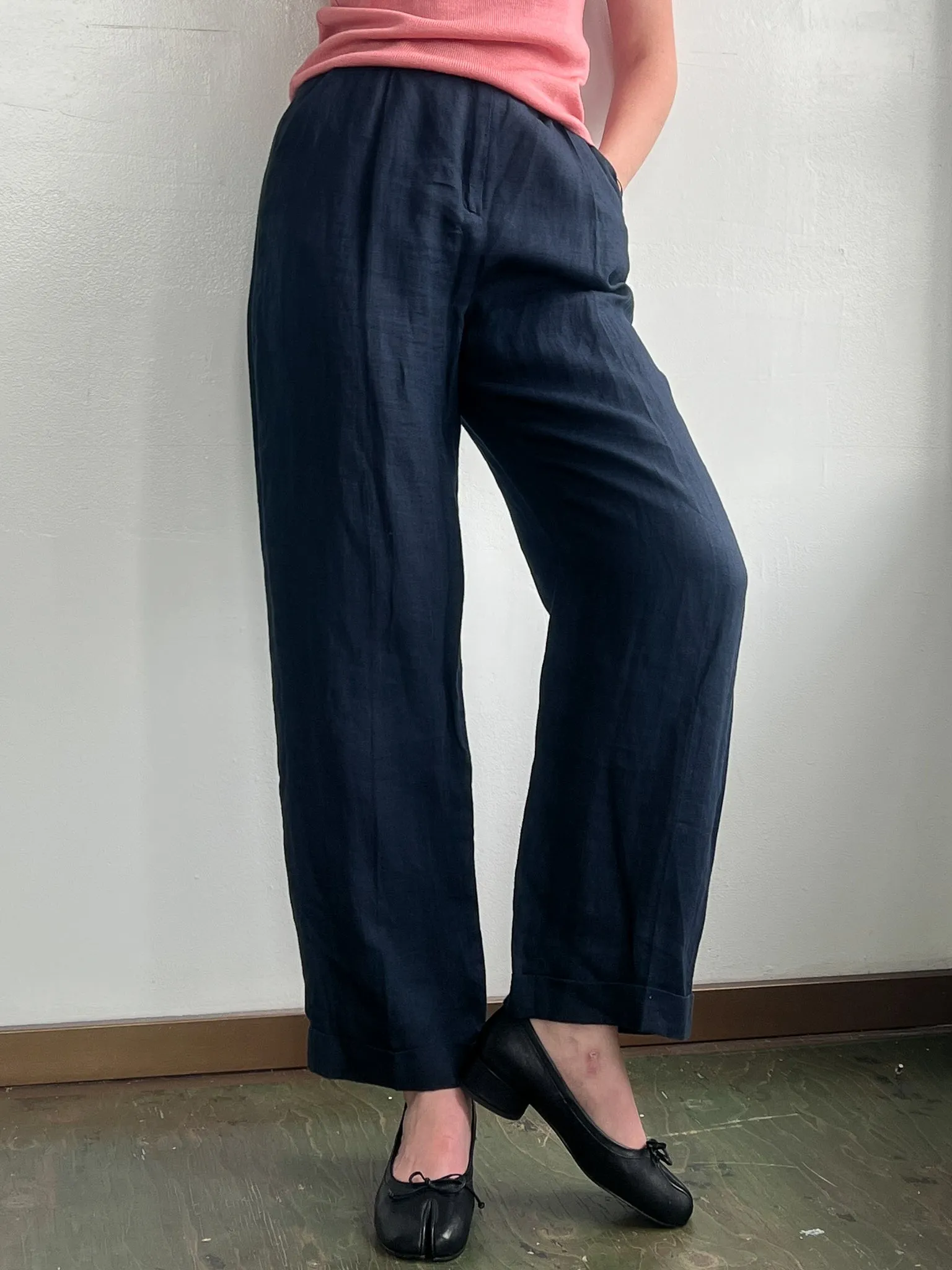 Navy Linen Pleated Pants (S/M)