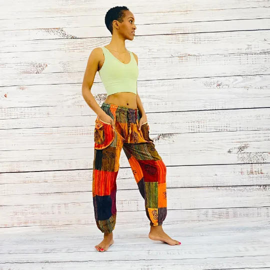 Patchwork Harem Retro Style Pants with Multi Pockets