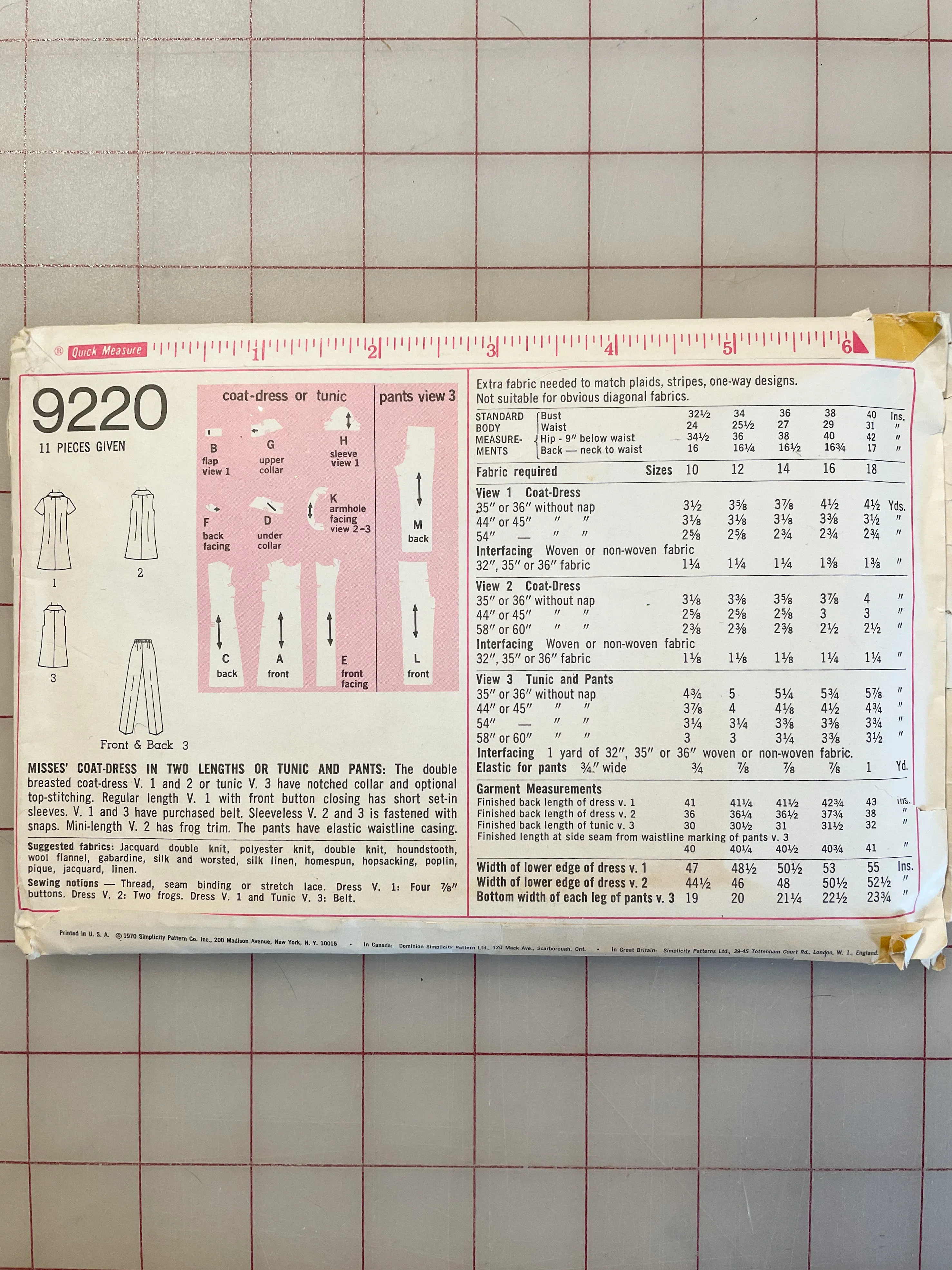 SALE 1970 Simplicity 9220 Pattern - Dress, Tunic and Pants FACTORY FOLDED