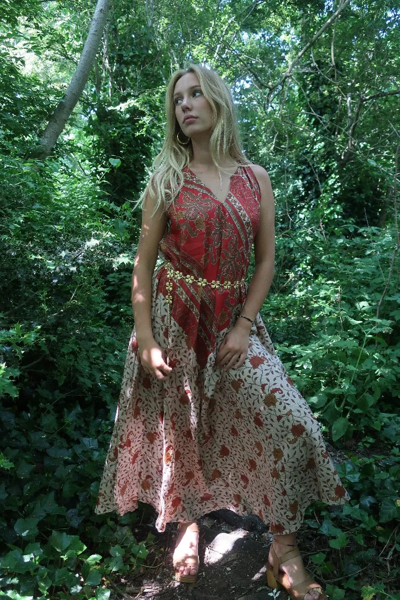 Siren Maxi Dress - Crimson and Ecru Palace Tiles  - Vintage Indian Silk - M/L
