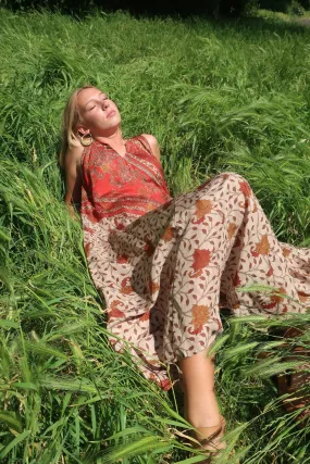 Siren Maxi Dress - Crimson and Ecru Palace Tiles  - Vintage Indian Silk - M/L