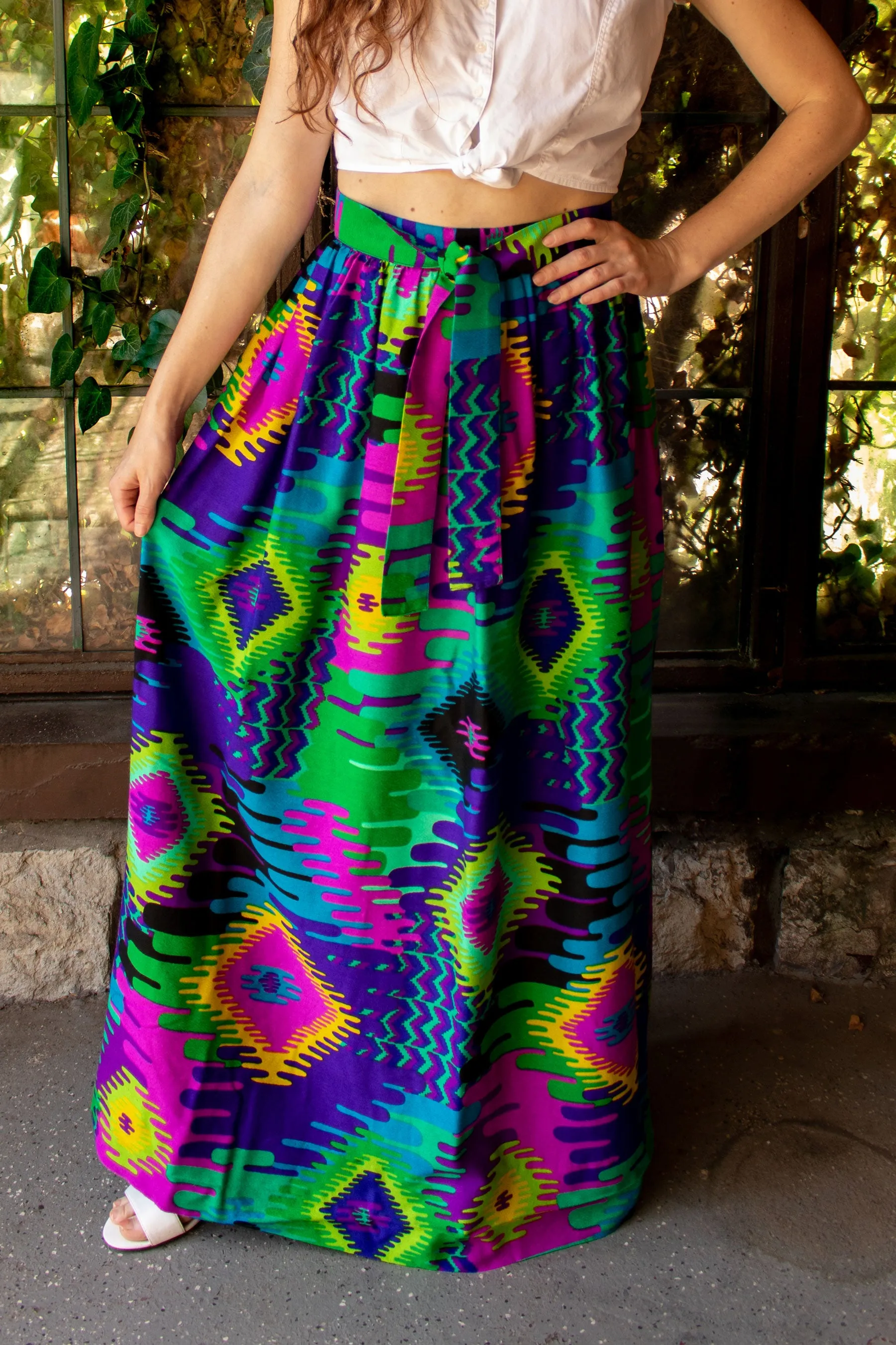 Vintage 1960s Abstract Trippy Pattern Maxi Skirt - Small