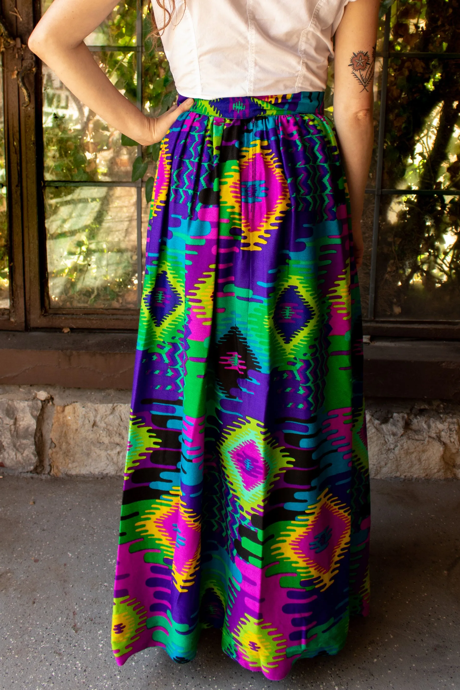 Vintage 1960s Abstract Trippy Pattern Maxi Skirt - Small