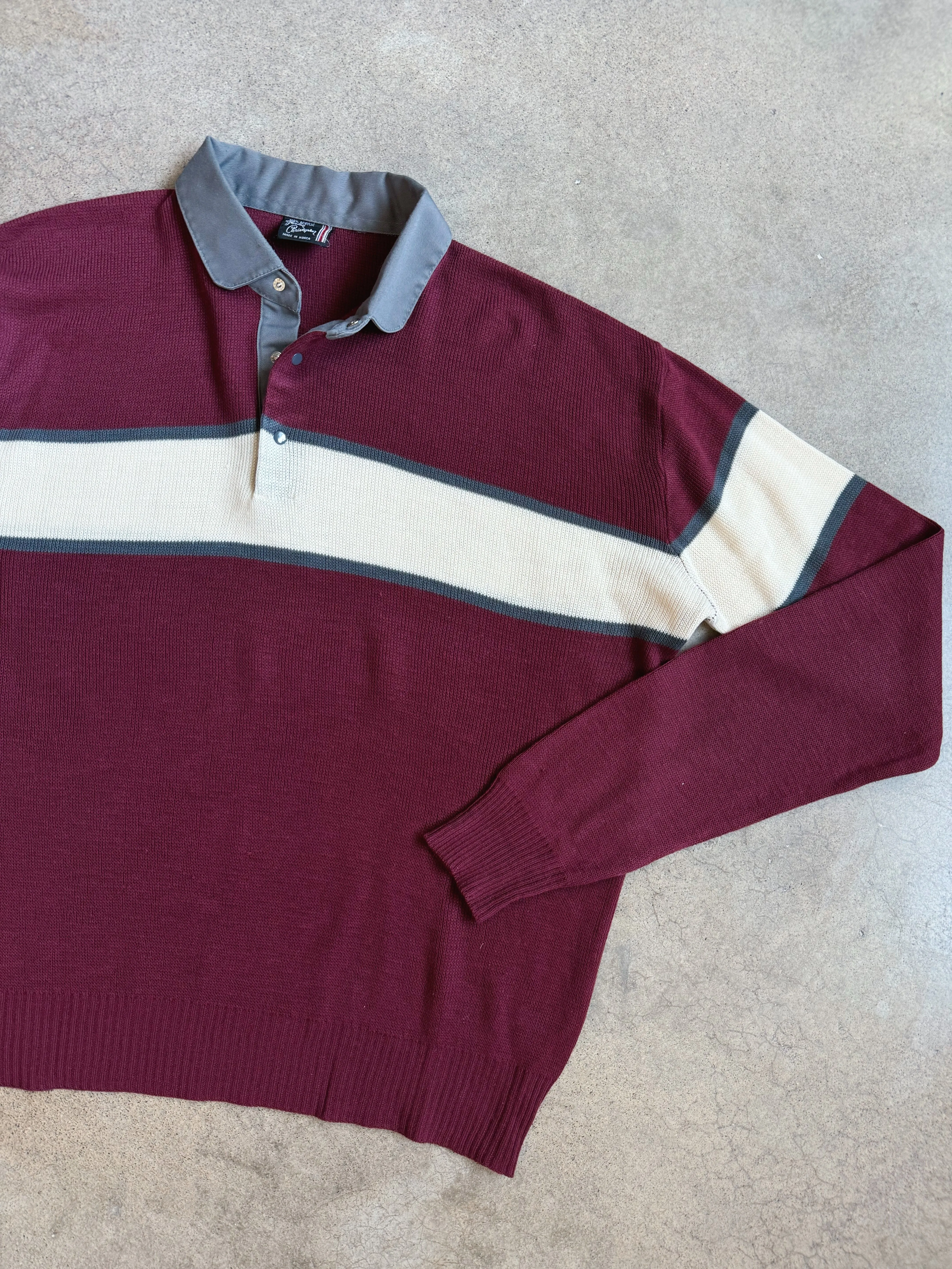 Vintage Burgundy Striped Polo Sweater (XL)