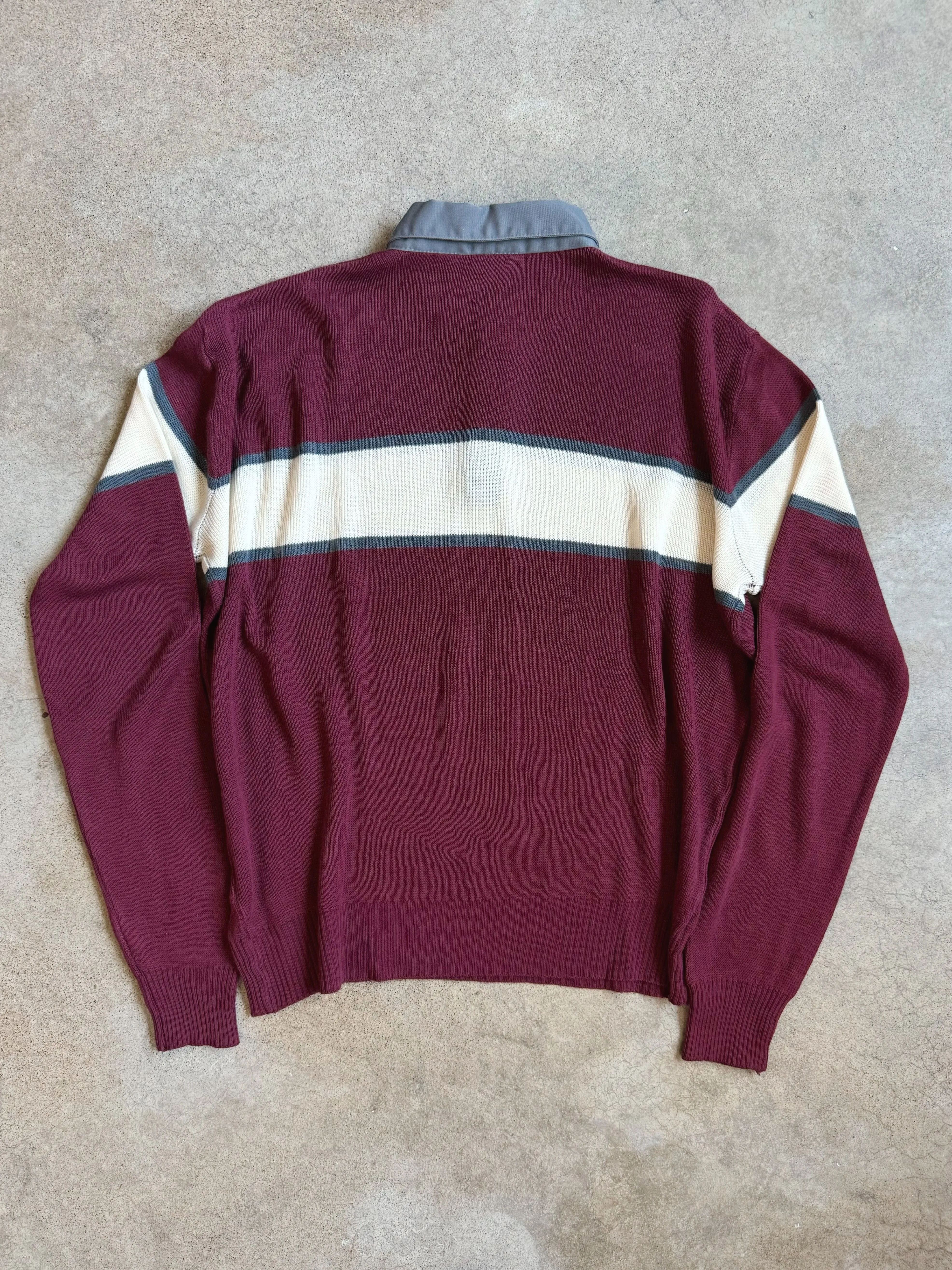 Vintage Burgundy Striped Polo Sweater (XL)