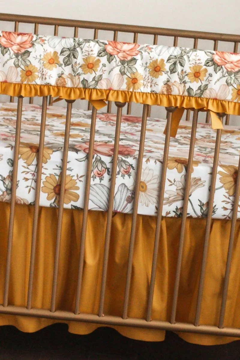 Vintage Earthy Floral Golden Gathered Crib Skirt