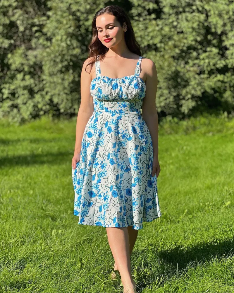 Women's Vintage Sleeveless Floral Ruched Summer Cute A-Line Swing Dress