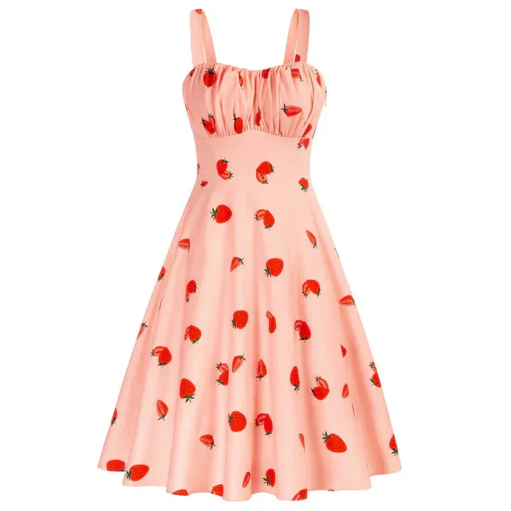 Women's Vintage Sleeveless Floral Ruched Summer Cute A-Line Swing Dress