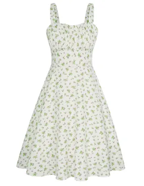 Women's Vintage Sleeveless Floral Ruched Summer Cute A-Line Swing Dress