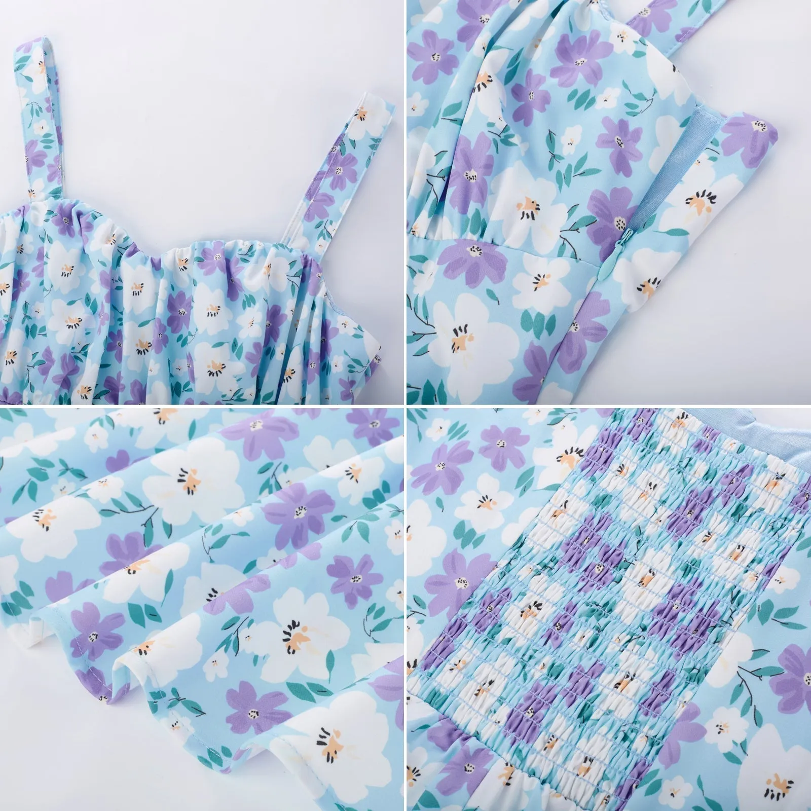 Women's Vintage Sleeveless Floral Ruched Summer Cute A-Line Swing Dress