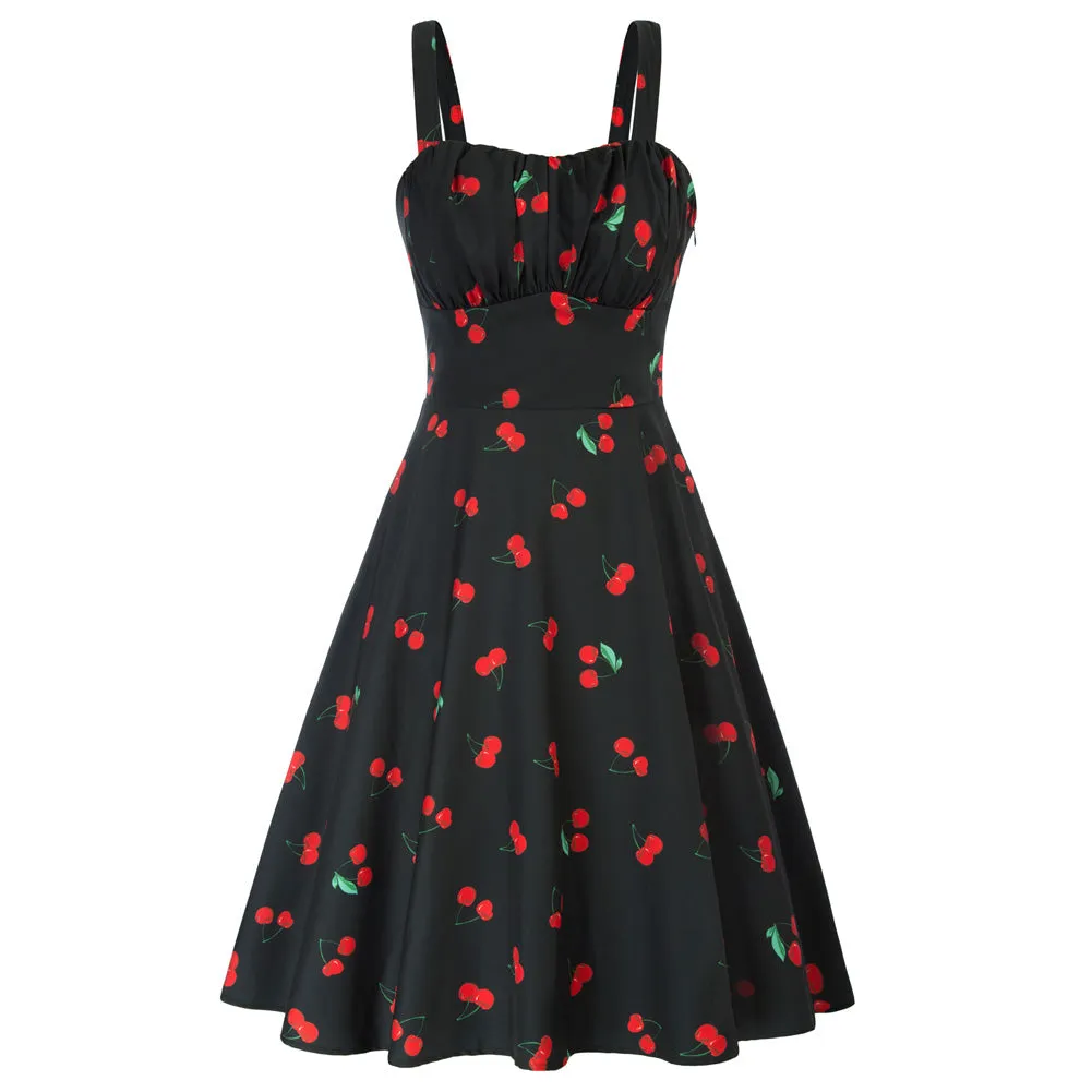 Women's Vintage Sleeveless Floral Ruched Summer Cute A-Line Swing Dress