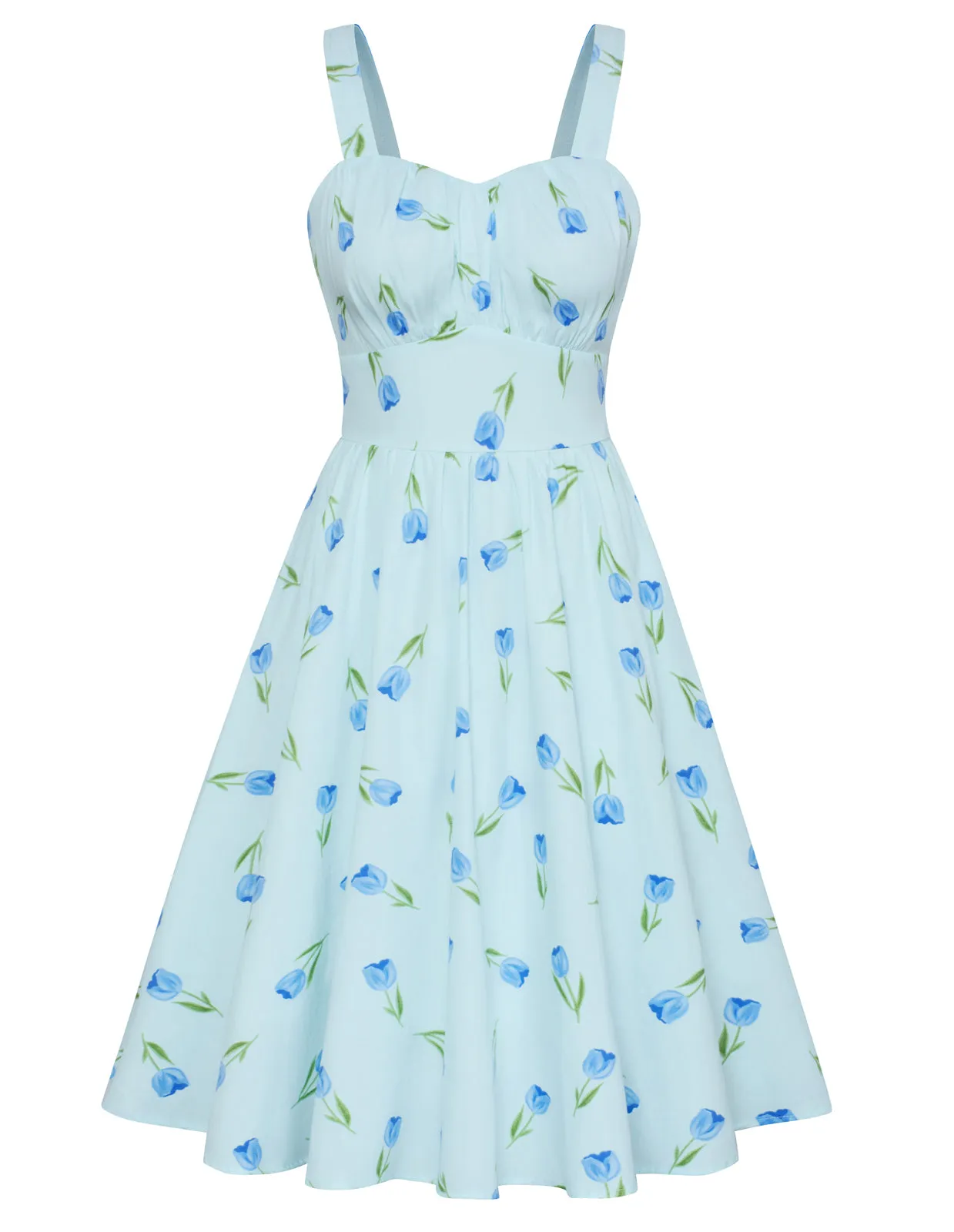 Women's Vintage Sleeveless Floral Ruched Summer Cute A-Line Swing Dress