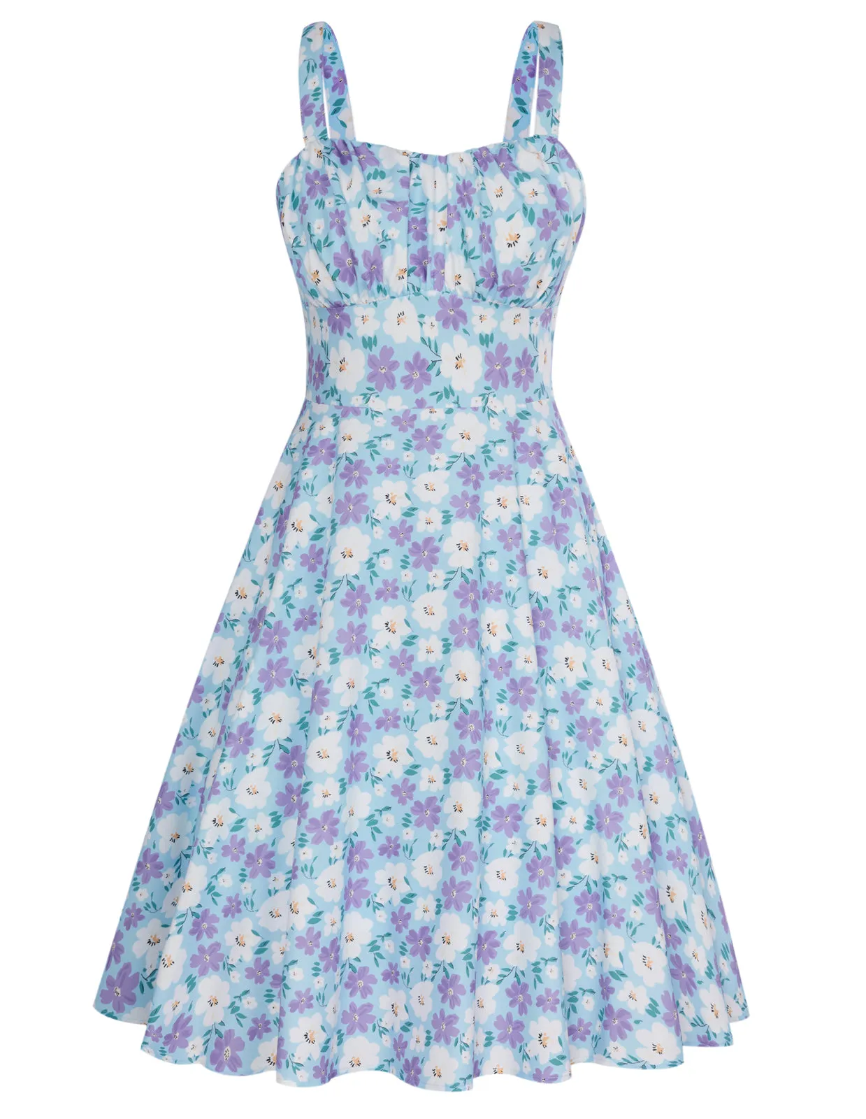 Women's Vintage Sleeveless Floral Ruched Summer Cute A-Line Swing Dress