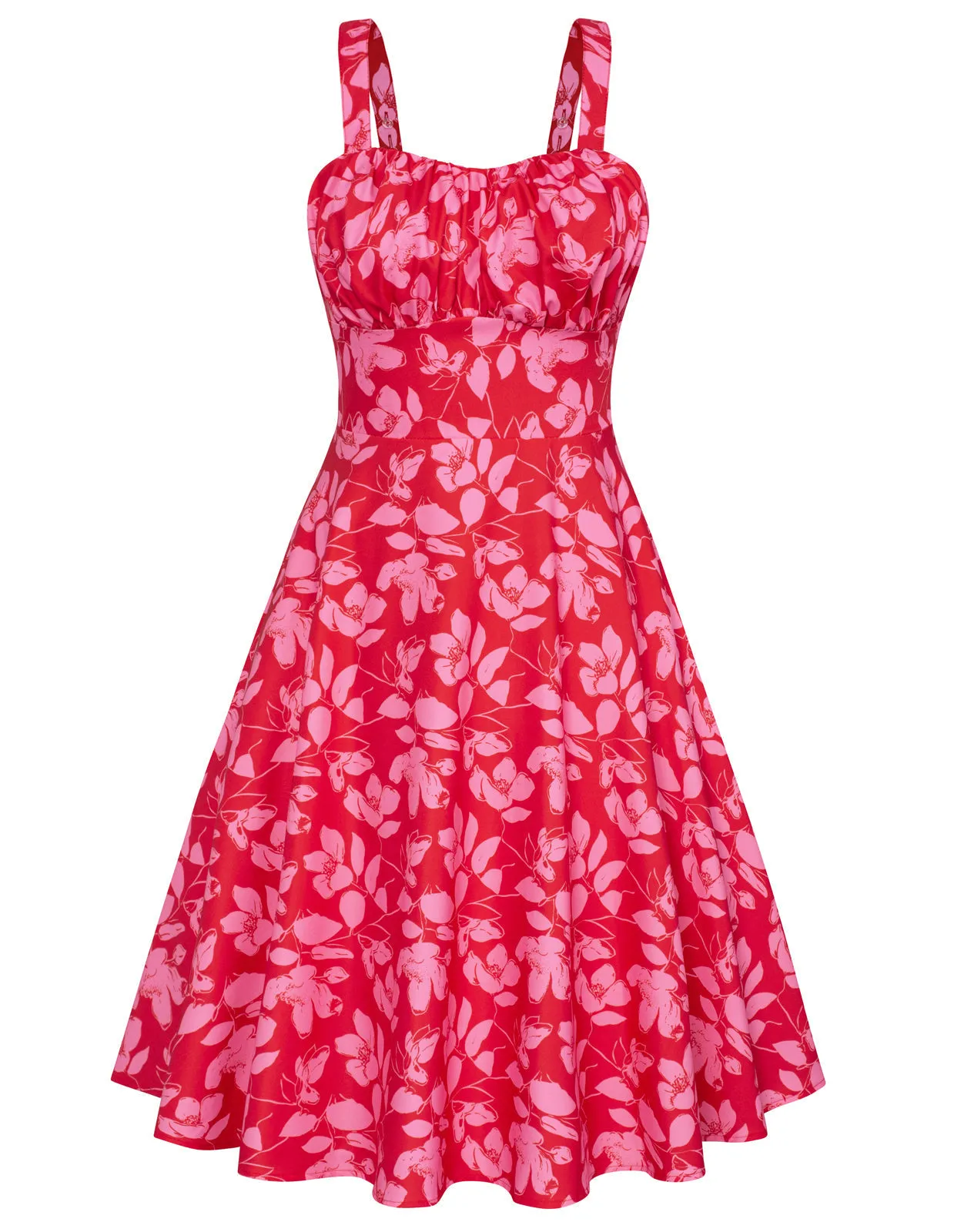 Women's Vintage Sleeveless Floral Ruched Summer Cute A-Line Swing Dress